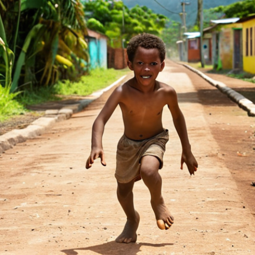 Home 11 **
A young boy in Trinidad, full of energy, sprints barefoot on a dusty track. The vibrant colors of the Caribbean are in the background. Focus on the determination in his eyes.
**