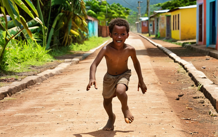 **
A young boy in Trinidad, full of energy, sprints barefoot on a dusty track. The vibrant colors of the Caribbean are in the background. Focus on the determination in his eyes.
**