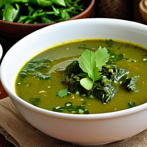 Home 6 **A vibrant and steaming bowl of Callaloo soup, garnished with fresh herbs and a lime wedge, showcasing the rich green color and creamy texture. Background: A rustic kitchen setting with Caribbean spices and ingredients.**
