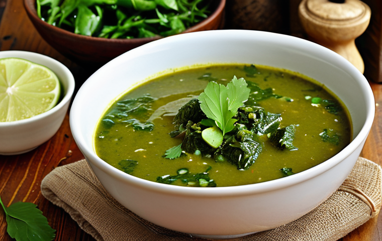 **A vibrant and steaming bowl of Callaloo soup, garnished with fresh herbs and a lime wedge, showcasing the rich green color and creamy texture. Background: A rustic kitchen setting with Caribbean spices and ingredients.**