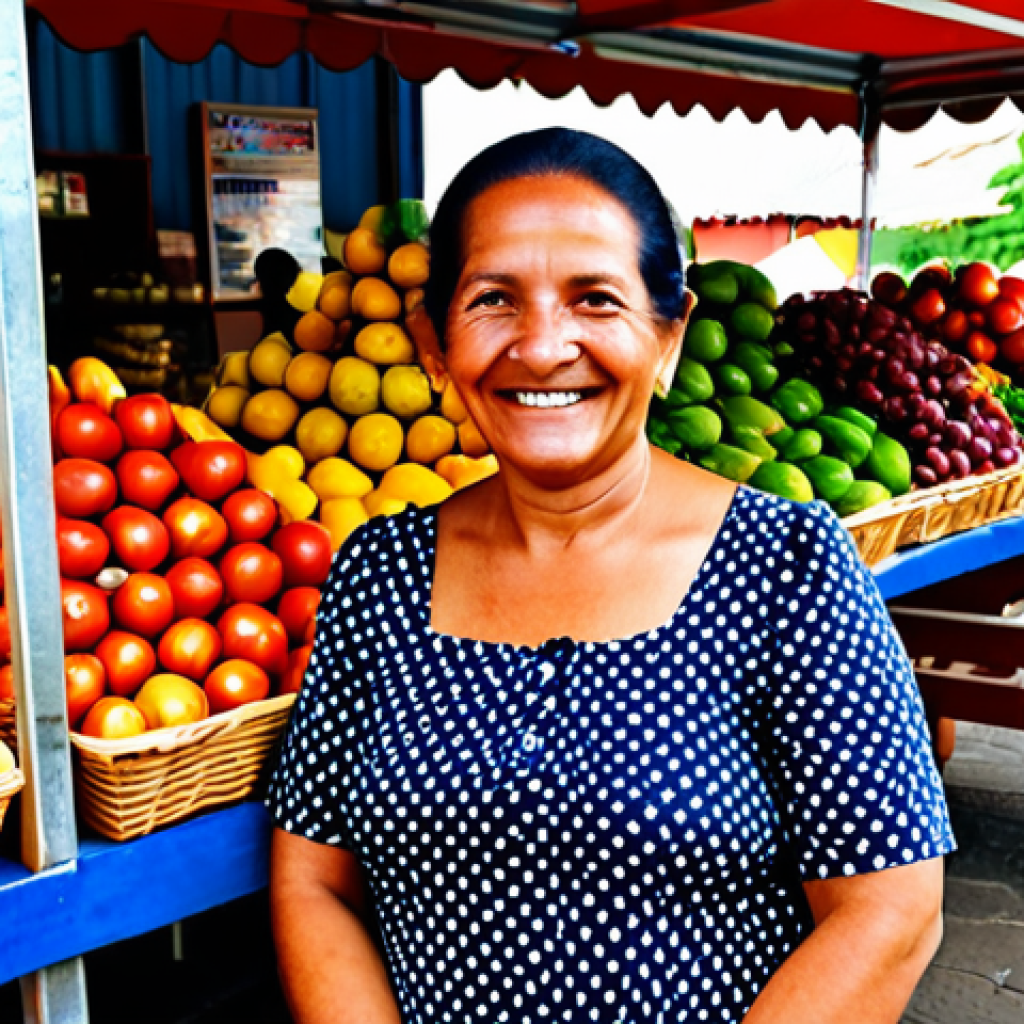 A friendly local woman, middle-aged, with a warm and inviting smile, fully clothed in a modest, colorful, patterned dress. She stands behind a bustling stall at a vibrant open-air market in Port of Spain, surrounded by an abundance of fresh, colorful tropical fruits and vegetables. Sunlight filters softly through an awning above. This is a professional photograph, captured with hyperrealistic detail, showcasing the authentic local culture. safe for work, appropriate content, fully clothed, family-friendly, perfect anatomy, correct proportions, natural pose, well-formed hands, proper finger count, natural body proportions.