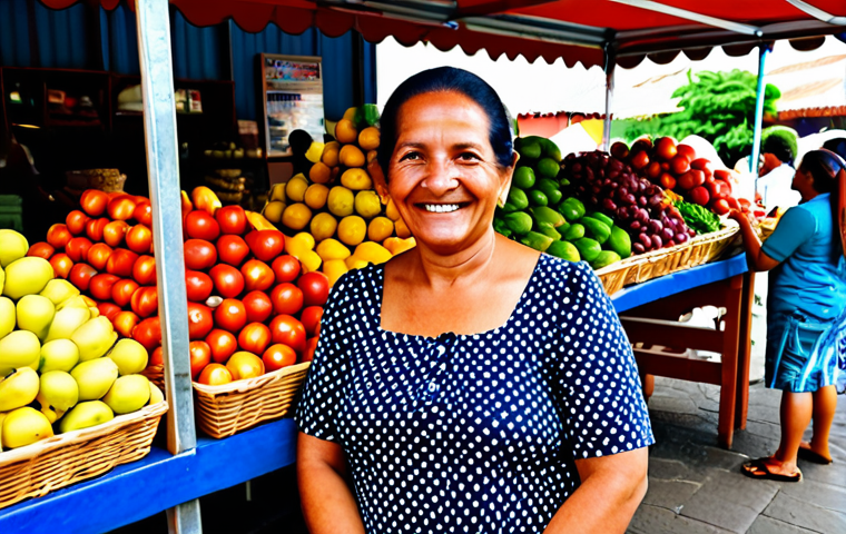 A friendly local woman, middle-aged, with a warm and inviting smile, fully clothed in a modest, colorful, patterned dress. She stands behind a bustling stall at a vibrant open-air market in Port of Spain, surrounded by an abundance of fresh, colorful tropical fruits and vegetables. Sunlight filters softly through an awning above. This is a professional photograph, captured with hyperrealistic detail, showcasing the authentic local culture. safe for work, appropriate content, fully clothed, family-friendly, perfect anatomy, correct proportions, natural pose, well-formed hands, proper finger count, natural body proportions.
