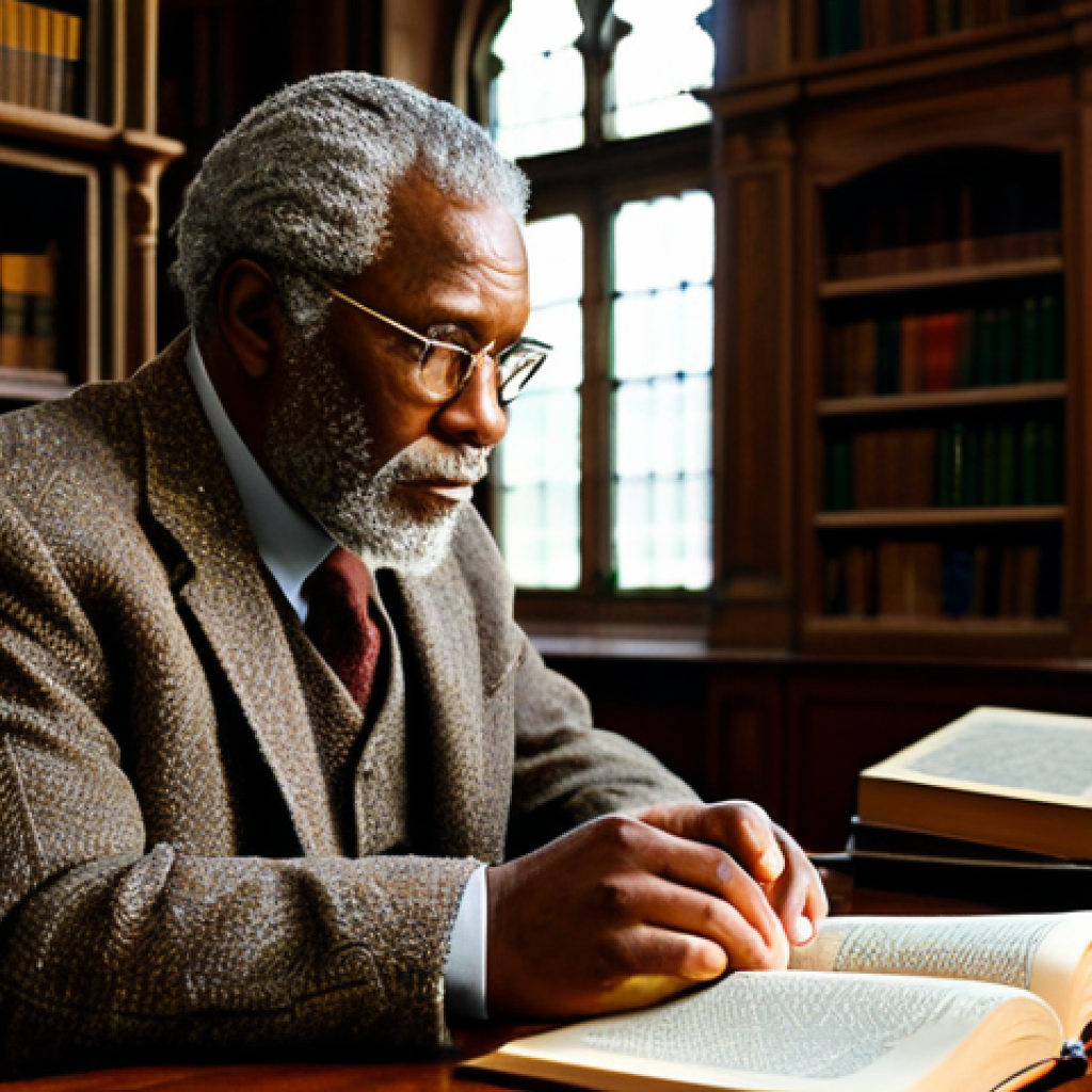 A distinguished Caribbean statesman, resembling a respected academic, in his middle age, dressed in a modest tweed jacket and professional shirt, deeply immersed in thought within a grand, old university library. He is surrounded by towering bookshelves filled with classic tomes, bathed in warm, natural light filtering through large windows. His pose is natural and contemplative, perhaps with one hand gently resting on an open book on a polished wooden desk. The scene evokes a sense of historical gravitas and intellectual pursuit. fully clothed, appropriate attire, modest clothing, professional dress, safe for work, appropriate content, perfect anatomy, correct proportions, natural pose, well-formed hands, proper finger count, natural body proportions, professional photography, high quality, realistic.