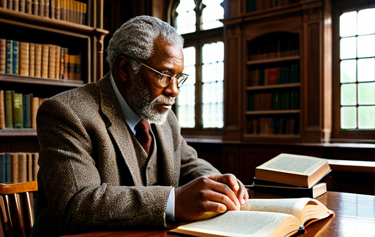 A distinguished Caribbean statesman, resembling a respected academic, in his middle age, dressed in a modest tweed jacket and professional shirt, deeply immersed in thought within a grand, old university library. He is surrounded by towering bookshelves filled with classic tomes, bathed in warm, natural light filtering through large windows. His pose is natural and contemplative, perhaps with one hand gently resting on an open book on a polished wooden desk. The scene evokes a sense of historical gravitas and intellectual pursuit. fully clothed, appropriate attire, modest clothing, professional dress, safe for work, appropriate content, perfect anatomy, correct proportions, natural pose, well-formed hands, proper finger count, natural body proportions, professional photography, high quality, realistic.