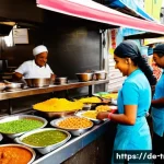 트리니다드 토바고 길거리 음식 탐방 - **Prompt 1: Vibrant Doubles Stand at Sunrise**
    A bustling street food scene in Trinidad and Toba...