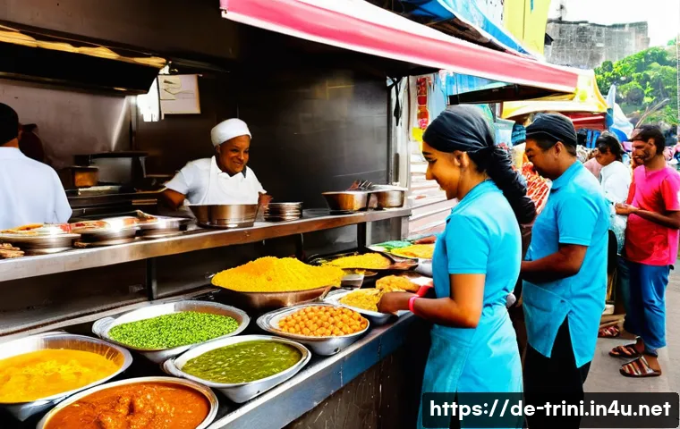 트리니다드 토바고 길거리 음식 탐방 - **Prompt 1: Vibrant Doubles Stand at Sunrise**
    A bustling street food scene in Trinidad and Toba...
