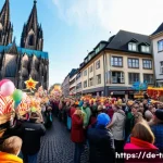 카르니발 축제 일정 및 준비법 - **Vibrant Rosenmontag Parade in Cologne**
    A wide-angle shot capturing the bustling energy of a R...