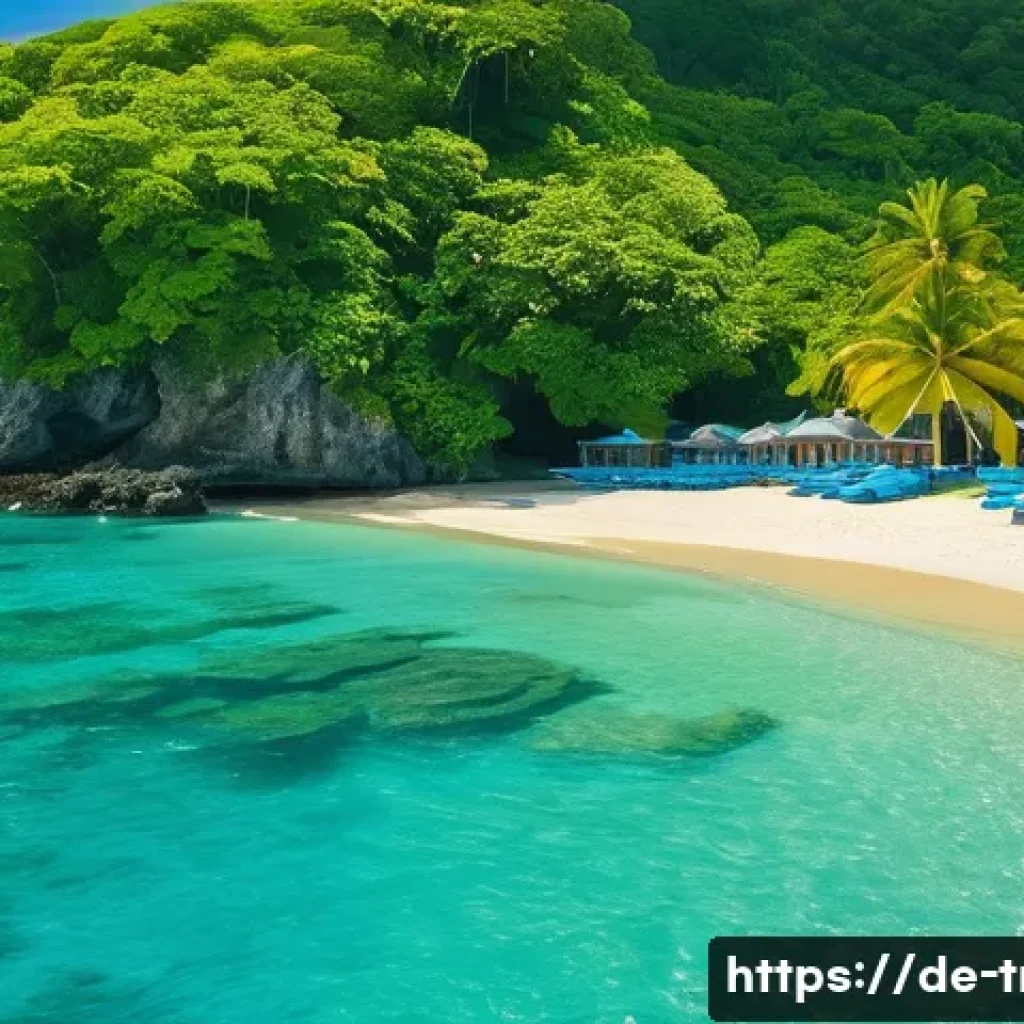 트리니다드 토바고 올인클루시브 리조트 - A vibrant beach scene at Tobago’s Blue Waters Inn, featuring a family-friendly private sandy beach w...