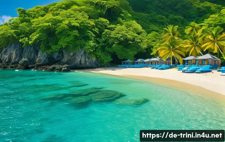 트리니다드 토바고 올인클루시브 리조트 - A vibrant beach scene at Tobago’s Blue Waters Inn, featuring a family-friendly private sandy beach w...