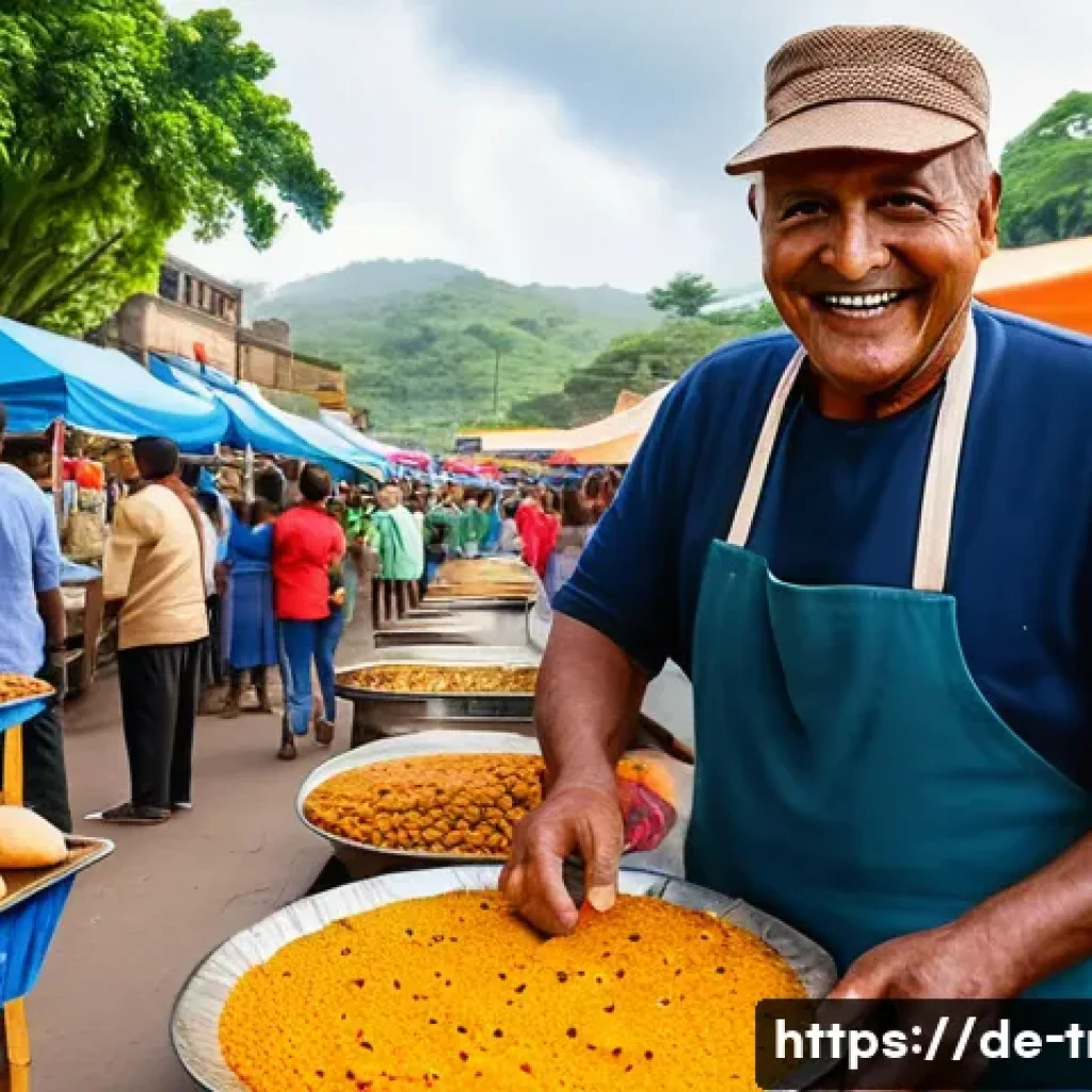 트리니다드 토바고에서 현지 음식 요리하기 - A vibrant street food scene in Trinidad featuring a busy market stall selling freshly made Doubles: ...