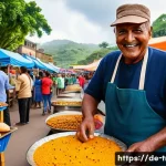 트리니다드 토바고에서 현지 음식 요리하기 - A vibrant street food scene in Trinidad featuring a busy market stall selling freshly made Doubles: ...