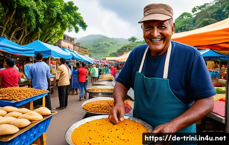 트리니다드 토바고에서 현지 음식 요리하기 - A vibrant street food scene in Trinidad featuring a busy market stall selling freshly made Doubles: ...
