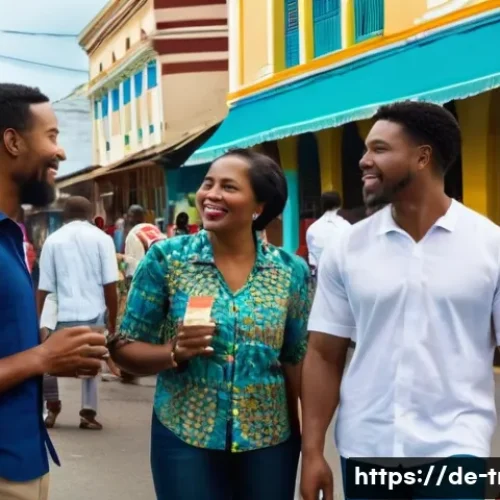 트리니다드 토바고 지역별 방언 차이 - A vibrant urban street scene in Port of Spain, Trinidad, showcasing a diverse crowd engaged in livel...