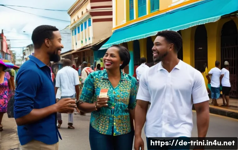 트리니다드 토바고 지역별 방언 차이 - A vibrant urban street scene in Port of Spain, Trinidad, showcasing a diverse crowd engaged in livel...