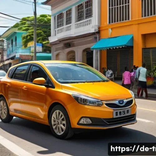 트리니다드 토바고에서 자동차 렌트하는 법 - A detailed scene showing a compact car navigating through the busy urban streets of Port of Spain, T...