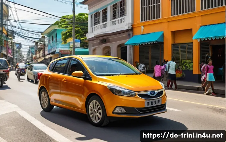 트리니다드 토바고에서 자동차 렌트하는 법 - A detailed scene showing a compact car navigating through the busy urban streets of Port of Spain, T...