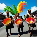 트리니다드 토바고에서 외국인으로 생활하기 - A vibrant street scene in Port of Spain during Carnival, showing diverse people of various ages joyf...