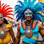 영국 통치 시대 트리니다드 문화 변화 - A vibrant Trinidad Carnival street scene during the day, featuring elaborately decorated costumes wi...