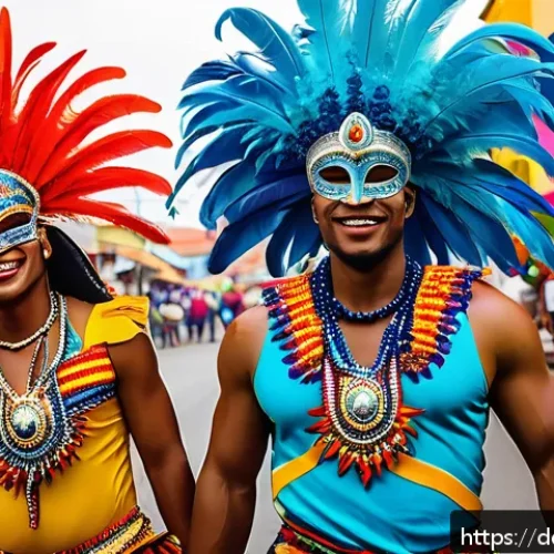 영국 통치 시대 트리니다드 문화 변화 - A vibrant Trinidad Carnival street scene during the day, featuring elaborately decorated costumes wi...