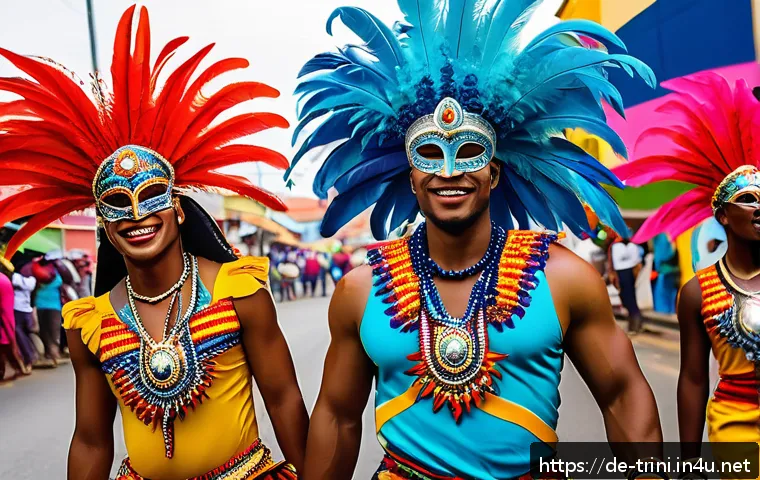 영국 통치 시대 트리니다드 문화 변화 - A vibrant Trinidad Carnival street scene during the day, featuring elaborately decorated costumes wi...