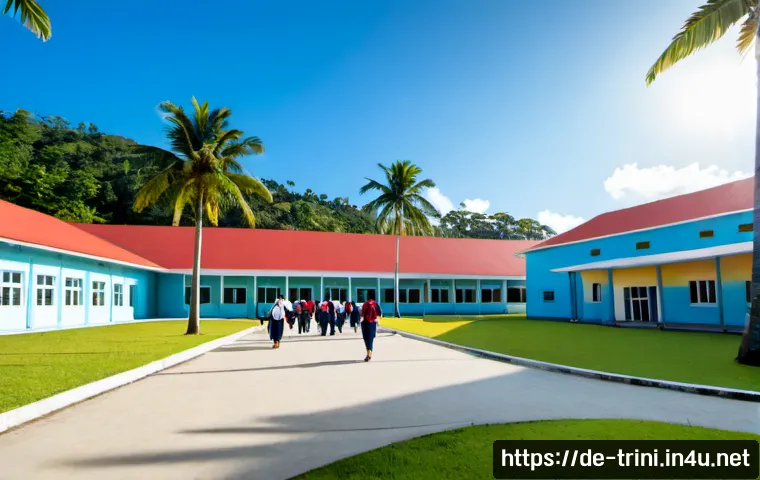 트리니다드 토바고 국제 학교 정보 - Photorealistic wide-angle view of a modern international school campus in Trinidad and Tobago, brigh...