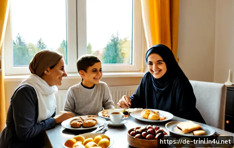 이둘피트르 무슬림 문화 영향 - Photorealistic Eid al-Fitr morning in a German Muslim family home, three generations in elegant mode...